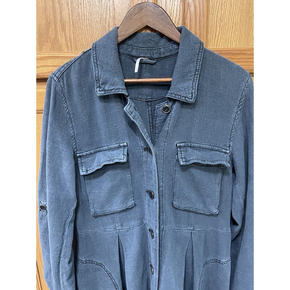 Free People 'Rainz'  Linen Duster Jacket Long Dress Blue Oversized Size Medium - Picture 6 of 10